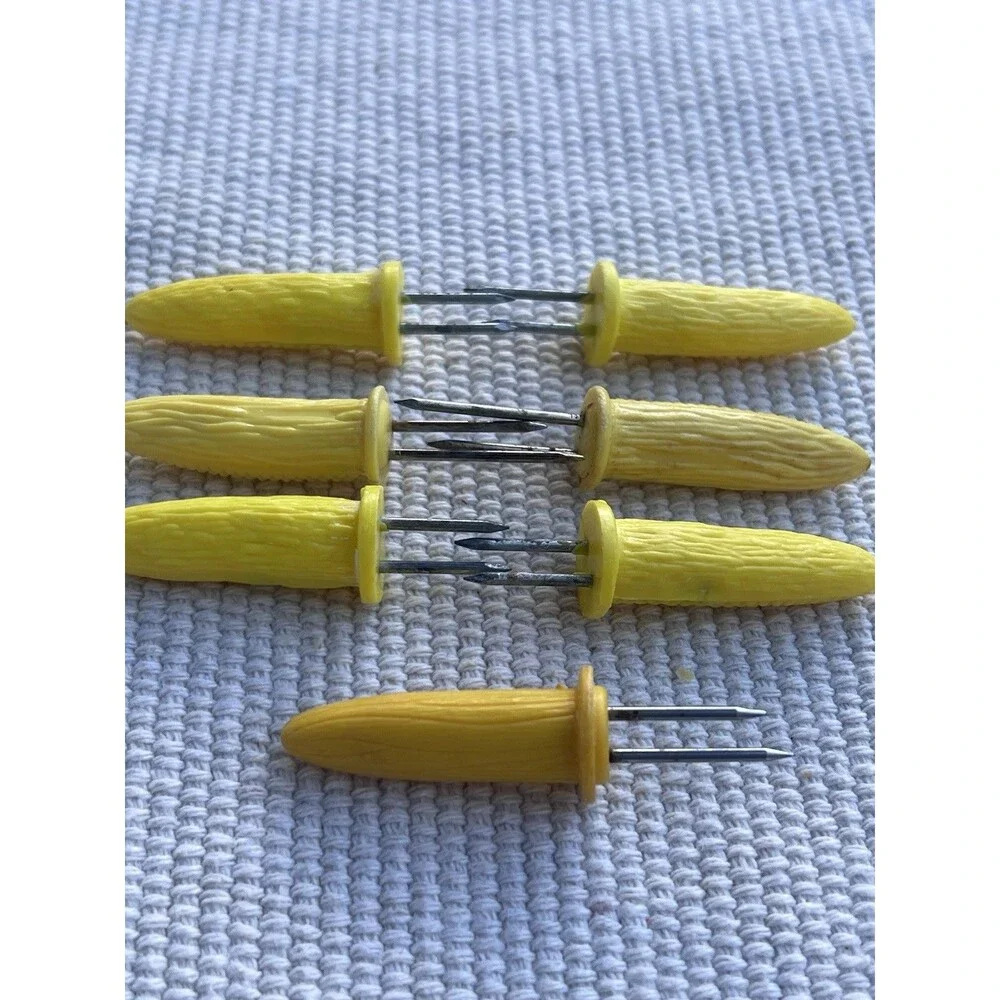 Vintage Corn On The Cob Holders Set Of 7 Yellow Corn Handles BBQ Kitchen